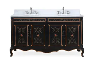 60 Inch Black Hand-Painted Floral Decoroso Double Sink Bathroom Vanity