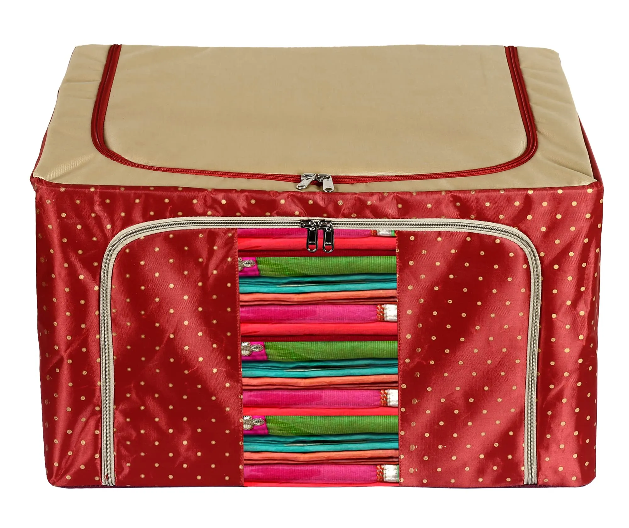 Heart Home Dot Printed Steel Frame Storage Box/Organizer For Clothing, Blankets, Bedding With Clear Window, 24Ltr.- Pack of 2 (Maroon & Brown)-44HH0227