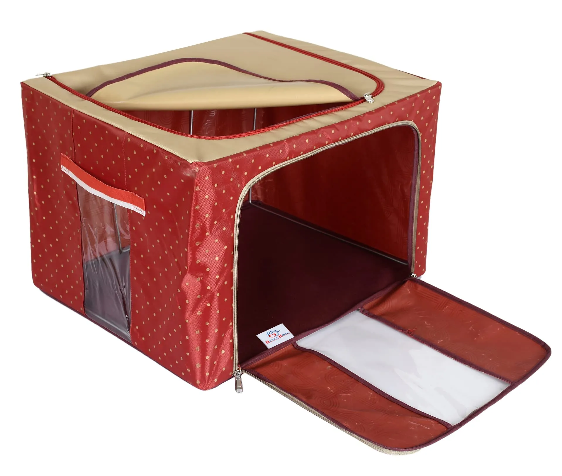 Heart Home Dot Printed Steel Frame Storage Box/Organizer For Clothing, Blankets, Bedding With Clear Window, 24Ltr.- Pack of 2 (Maroon & Brown)-44HH0227