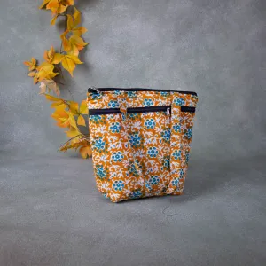 Medium Size Handbag Yellow Colour with Blue Flower Design.